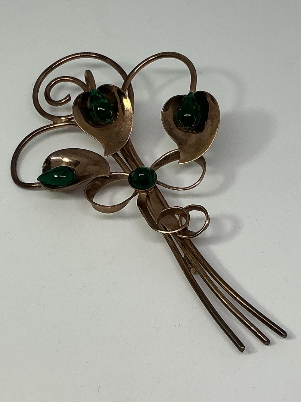 Vintage Calla Lily Bouquet Brooch Green Glass Cabochon